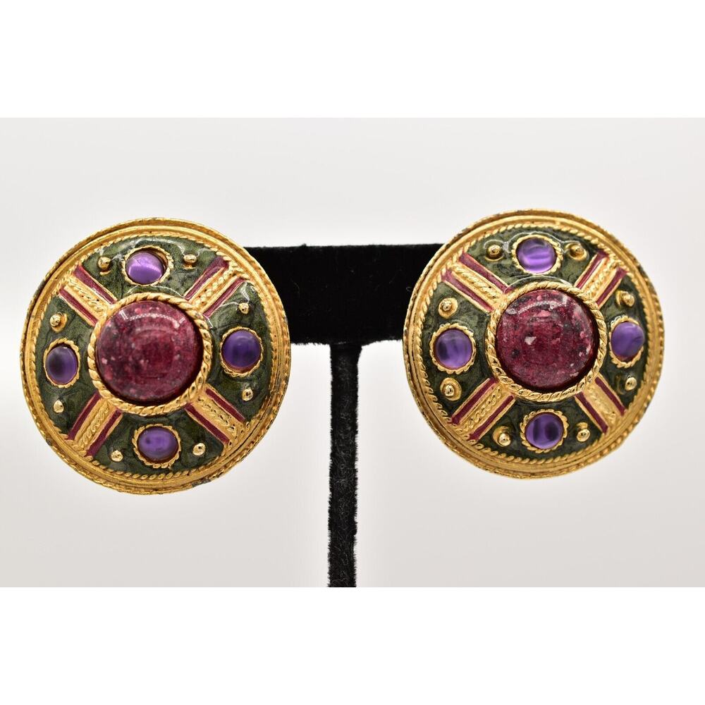 Vintage Cabochon Clip Earrings Purple Green Enamel Round Gold Chunky Heavy BinBF
